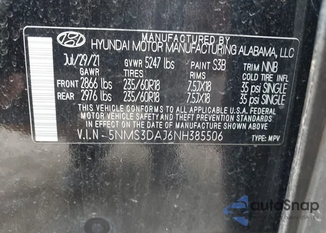 2022 Hyundai Santa Fe Sel из США, поврежденный, VIN 5NMS3DAJ6NH385506